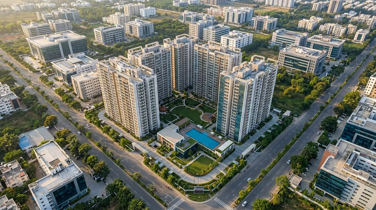 Aerial view of Habulus Tranquil showing the four-tower community in Electronic City Phase 1